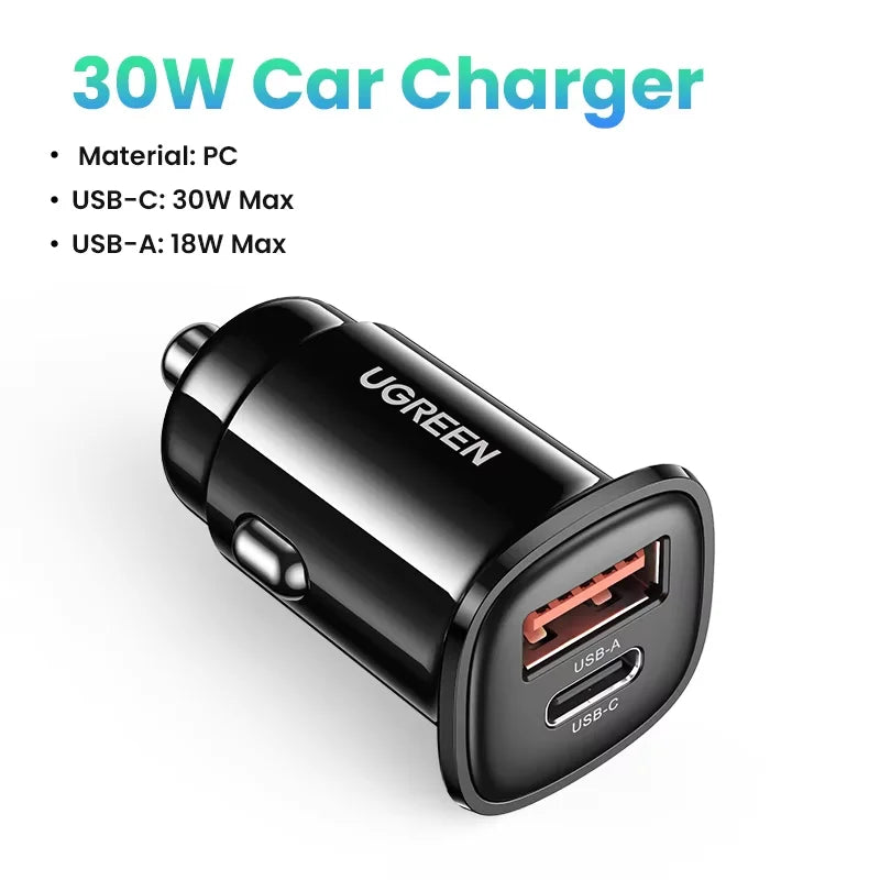 Cargador Rápido para Auto 30W USB-C – Carga Ultra Rápida en Minutos