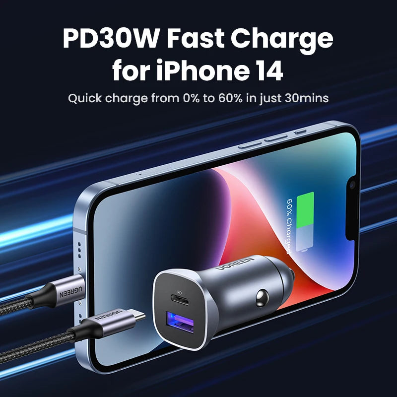 Cargador Rápido para Auto 30W USB-C – Carga Ultra Rápida en Minutos